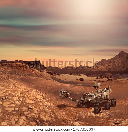 Illustration of Perseverance rover in the Planet Mars rocky landscape. Some elements furnished by NASA.