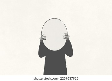Illustration of person holding round shape mirror, illusion absence concept - Shutterstock ID 2259637925
