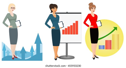 Illustration of a qualified referent on white background. Specialist in public relations, PR manager , skilled office employee. Horizontal location.