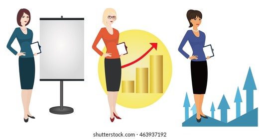 Illustration of a qualified referent on white background. Specialist in public relations, PR manager , skilled office employee. Horizontal location.