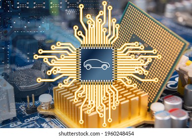 An illustration representing a computer circuit board and a car chip.