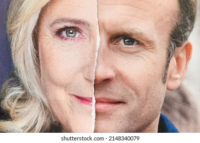 Illustration of the second round of the presidential election in France, current president Emmanuel Macron (LREM) and Marine Le Pen (RN), in Paris, France, on April 14, 2022.