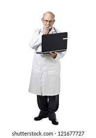 Illustration of serious doctor reading a result via laptop while biting his finger