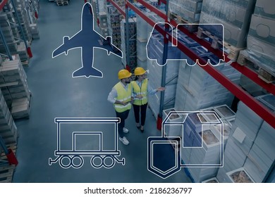 Illustration Of Shipping Icons And Workers At Warehouse, Above View. Logistics Center