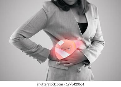 Illustration sick liver on woman's body against gray background, Hepatitis, Concept with healthcare and medicine