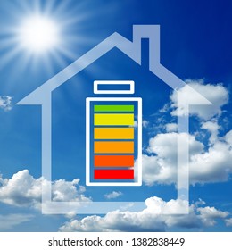 Illustration With Sky And Solar Power And Energy Storage Device