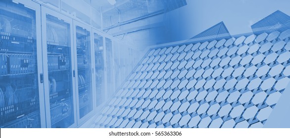 Illustration Of Solar Panel Equipment Against Image Of A Data Center 3d