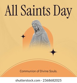 Illustration of statue of virgin mary and all saints day text on beige background, copy space. Communion of divine souls, feast, christianity, tradition, honor and celebration concept.