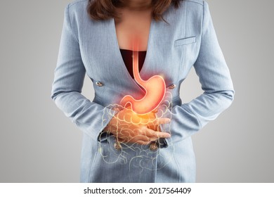 The Illustration Of Stomach And Large Intestine Is On The Woman's Body Against Gray Background. Acid Reflux. Female Anatomy