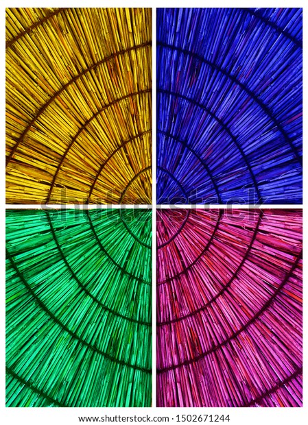 Illustration of a\
straw beach umbrella with a view from below. Umbrella is divided\
into quarters and colored in yellow, blue, green and pink giving a\
pop-art style and summer\
vibe.