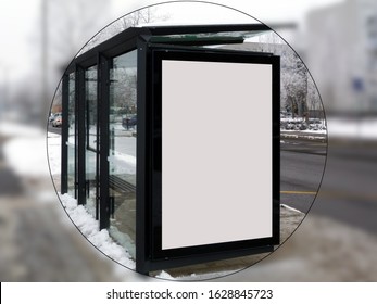 Illustration Style Raster Of Bus Shelter. Bus Stop With White Poster Ad Display. Advertising Concept. Transparent Glass And Aluminum Frame Structure. Urban Setting. Snowy White Blurred Background