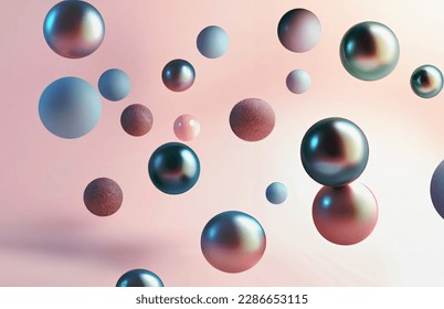 illustration of suspended pastel balls, 3d render of glossy spheres, bright pastel colored background image, digital art