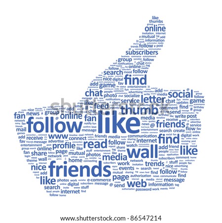 Illustration of the thumbs up symbol, which is composed of text keywords on social media themes. Isolated on white.