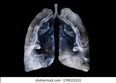 Illustration Of A Toxic Smoke Formation Shaped As The Human Lung, The Concept Of Cigarette Smoker Lungs On Black Background 