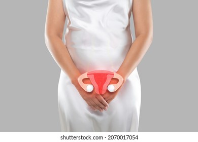 Illustration Of The Uterus Is On The Woman's Body, On A Gray Background, The Female Anatomy Concept