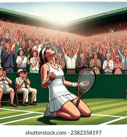 illustration de la vue depuis les stands qui présentent un moment de joie pure lors d'un tournoi de tennis de gazon au Royaume-Uni. Une joueuse de tennis d'origine européenne est au centre du court, sa raquette tombée à côté d'elle, levant les larmes de l'incrédulité. Le