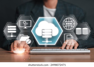 Illustration of web hosting concept with cloud server, data storage, and internet icons on a virtual screen, representing modern digital technology.