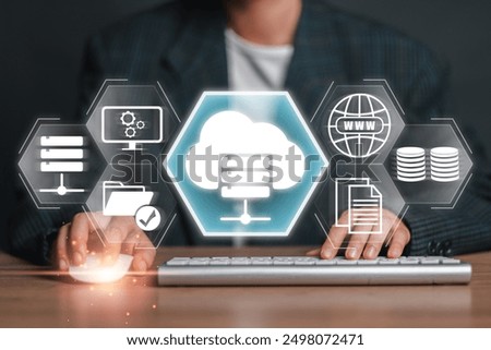 Illustration of web hosting concept with cloud server, data storage, and internet icons on a virtual screen, representing modern digital technology.