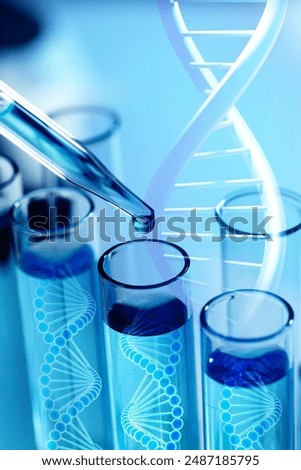 Illustrations of DNA and test tubes with samples, double exposure