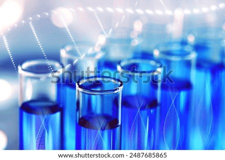 Illustrations of DNA and test tubes with samples, double exposure