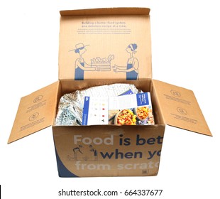 Illustrative Editorial: Open Box Of Meal Prep Ingredients In Cooler Bag With Recipe Cards On Top. Blue Apron Is A Meal Delivery Service That Provides Weekly Meal Ingredients & Recipes To Subscribers.