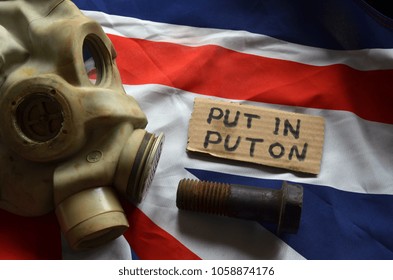 ILLUSTRATIVE EDITORIAL. The Scandal About Poisoning Of Former Spy Sergei Skripal. Concept. British Flag Background.March 24, 2018 In Kiev,Ukraine