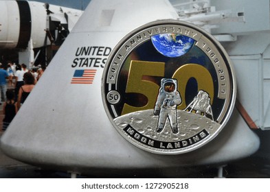 Illustrative Editorial.Half Dollar Of Solomon Islands. 50th Anniversary Of The Television Broadcast Of The Landing Of A Man On The Moon. Special Edition Coin. Kiev,Ukraine. January 2 ,2019