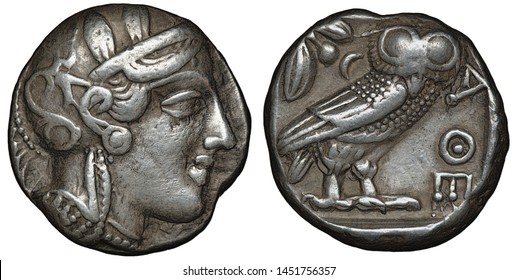 Illyria and Central Greece – Attica silver coin tetradrachm 454-404 BC, helmeted head of Athena right, olive sprig and crescent behind standing owl,                              