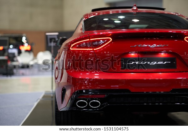 Ilsan,\
Gyeonggi-do, South Korea - October 5, 2019 : Kia Motors\' Stinger\
Displayed at Seoul Auto Salon Week\
2019