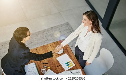 Im quite excited to be collaborating together. High angle shot of two businesswomen shaking hands in an office.