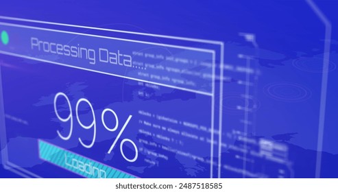 Image of 100 percent data processing loading against blue world map. Digital composite, global communication, technology, cloud computing, data, connection, artificial intelligence, development.