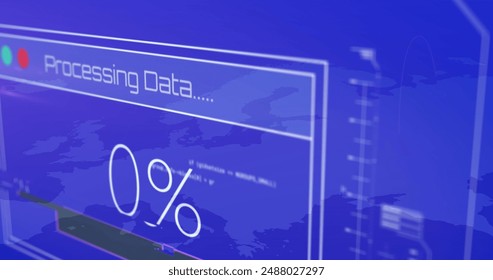 Image of 100 percent data processing loading against blue world map. Digital composite, global communication, technology, cloud computing, data, connection, artificial intelligence, development.