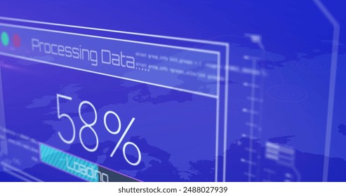 Image of 100 percent data processing loading against blue world map. Digital composite, global communication, technology, cloud computing, data, connection, artificial intelligence, development.