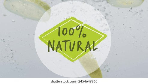 Image of 100 percent natural text over fruit falling in water background. Eating healthily, vegan food and fresh fruti concept digitally generated image. - Powered by Shutterstock