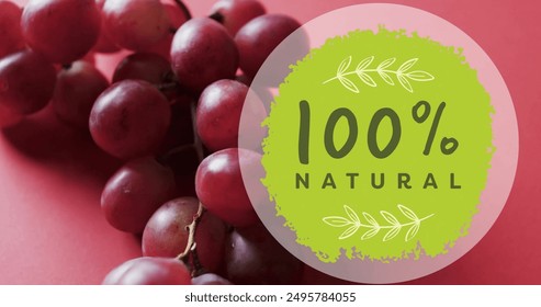 Image of 100 percent natural text on green circle over red grapes on pink background. Fruit, healthy diet and vegan fresh food concept digitally generated image. - Powered by Shutterstock