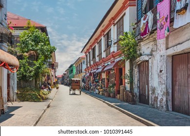 City Center Street Scene in Historic Colonial Town With Horse and Carriage (Vigan, Luzon, Philippines).