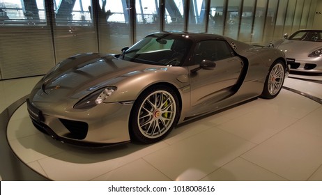 Stuttgart, Germany - January 24, 2018 - Porsche 918 Spyder (2014) at the Porsche Museum in Stuttgart