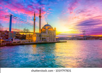 Ortakoy Istanbul landscape beautiful sunrise with clouds Ortakoy Mosque and Bosphorus Bridge, Istanbul Turkey. Best touristic destination of Istanbul.
