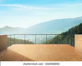 Balkonblick auf die Stadt und den Wald in der Berglandschaft während des sonnigen Tages