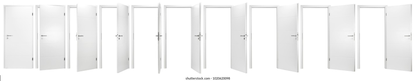 комплет колекција на бели отворени и затворени врати со рамка на врата изолирана на бела позадина