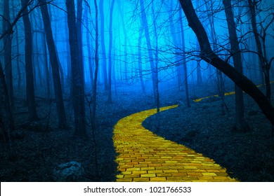 不気味な霧の森を抜ける黄色いレンガの道