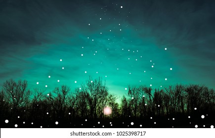 ティールの朝空と日の出、シルエットの木、空に浮かぶ白いオーブが空に昇る-ファンタジーアート2018 写真アートイラスト