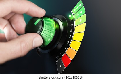 Hand turning a knob with efficiency scale from black and red to green color. Composite image between a hand photography and a 3D background.