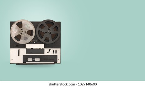 Tape cassette recorder and player with on color background. retro technology. flat lay, top view hero header. vintage color styles.