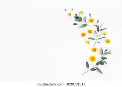 Blumen Zusammensetzung. Muster aus gelben Blumen und Eukalyptusblättern auf weißem Hintergrund. Flache Lage, Draufsicht, Kopierraum