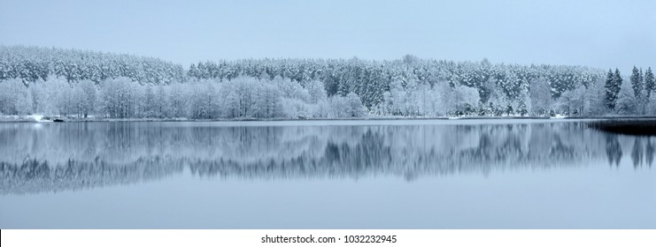 Prachtig mistig winterpanorama. Schilderachtig landschap. Besneeuwd bos aan het meer in Litouwen