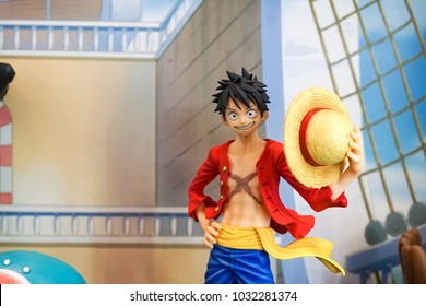 Bangkok, Thailand - Februar 24, 2018 : A photo of Monkey D. Luffy from famous Japanese manga and later made into animation One Piece. Luffy is the leader of a Straw hat pirate team. Editorial use only