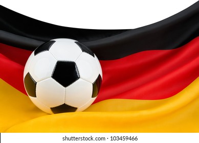 Soccer ball on a nicely hanging German flag as a symbol for Germany's passion for football