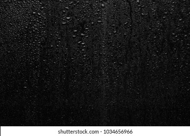Part of series. Background photo of rain drops on dark glass, different size: small medium and large horizontal view