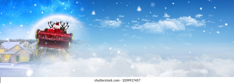 Compuesto digital de la transición del cielo invernal del trineo de Papá Noel y el reno